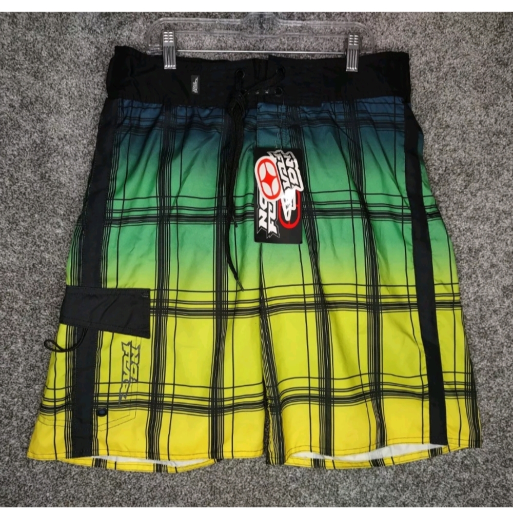 No Fear Boardshorts Mens Med 32 Plaid Swim Trunks Mesh Lined Brief Grunge NWT